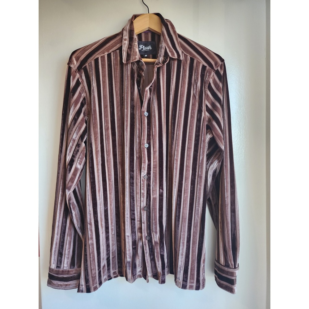 Plush Mens Shirt Camisa Long Sleeve Striped Size M Brown Velvet